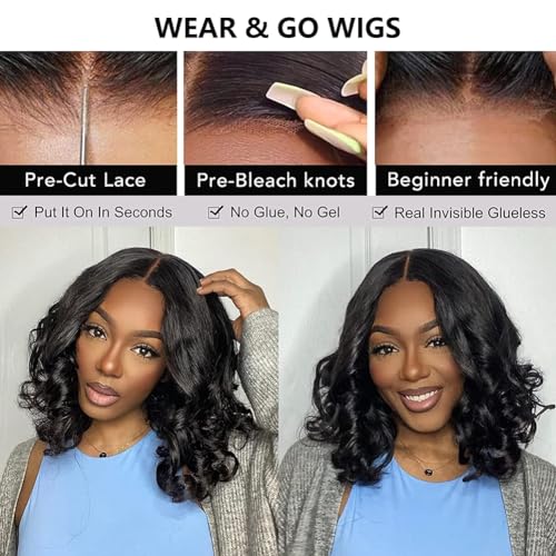 5x5 Glueless Wigs Human Hair Pre Plucked Body Wave Bob Wig Lace Front Human Hair Wigs for Black Women Ready to Wear for Beginners Pre Cut Lace Closure Wigs No Glue 16 Inch