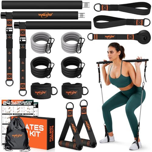 Pilates Bar Kit with Resistance Bands, 3-Section Multifunctional Yoga Pilates Bar with Metal Adjustment Buckle.Portable Pi...