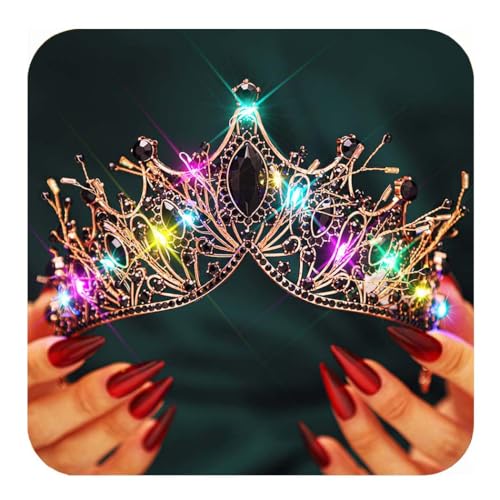 Kilshye Light Up Black Rhinestone Crown LED Gothic Tiara Headband Festival Costume Hair Accessoris for Women