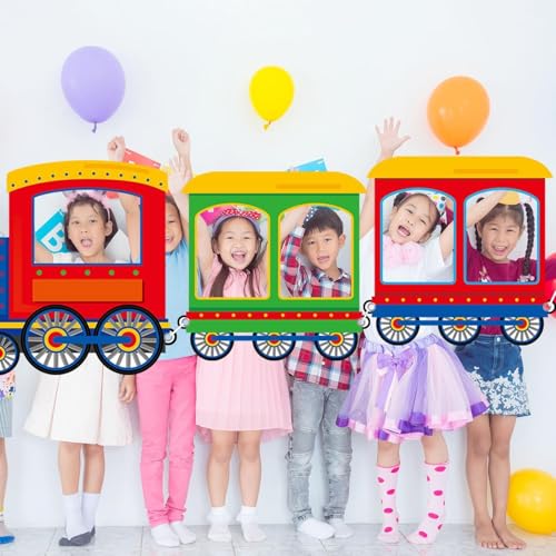 Train Shaped Photo Prop Selfie Frame Party Banner Large Fabric Steam Car Photo Booth Prop Decoration Colorful Train Backgr...