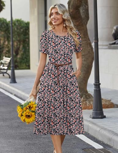 Zeagoo Womens Summer Dress Casual Midi Dresses 2026 Short Puff Sleeve Flare Dress Pleated Flowy Sundress with Pockets