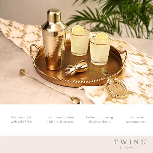 Twine 4-Piece Gold Hammered Cocktail Shaker Set Includes Cobbler Shaker, Strainer, Jigger, Bar Spoon for Classic Cocktail...
