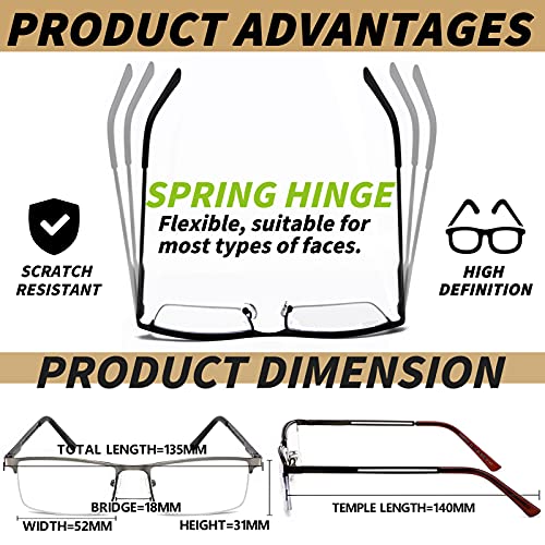 JJWELL 3 Pack Blue Light Reading Glasses for Men, Lightweight Metal Rectangle Semi Rimless Readers for Men, Anti Eyestrai...
