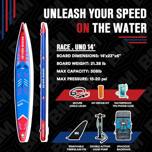 BEYOND MARINA SUP Stand Up Inflatable Paddle Board Racing Board | 12'6"/14' Race | with Action Camera Mount | Complete wit...