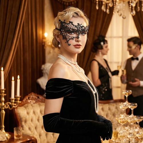 Telooco Black Masquerade Mask for Women Rhinestone Lace Masquerade Mask Sparkly Half Eye Masks for Mardi Gras Cosplay Cost...
