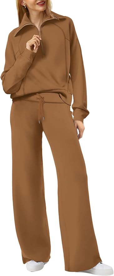 XIEERDUO Lounge Sets For Women 2025 Half Zip Sweatshirt And Wide Leg Sweatpant 2 Piece Outfits Sweatsuit Tracksuit
