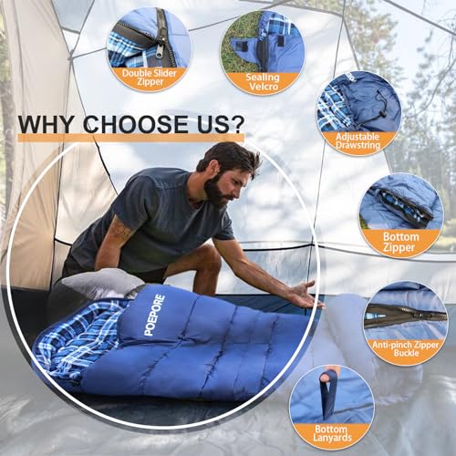 POEPORE 0 Degree Sleeping Bag 100% Cotton Flannel XXL Cold Weather Winter Oversized Sleeping Bag for Adults Camping Zero D...
