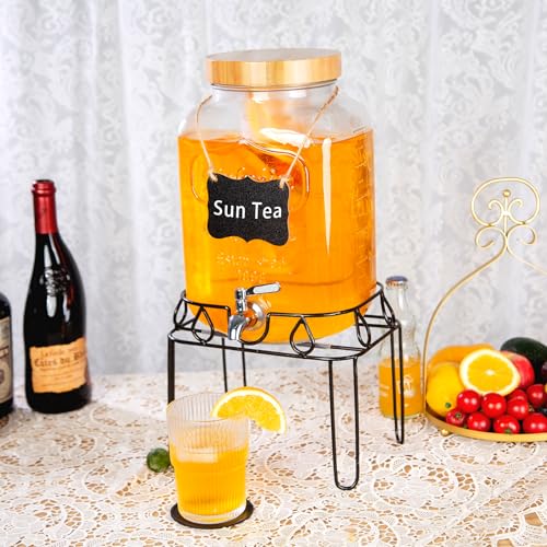 2 Gallon Glass Drink Dispenser with Stand and Bamboo Lid, Lemonade Dispenser with Stainless Steel Spigot, Glass Beverage D...