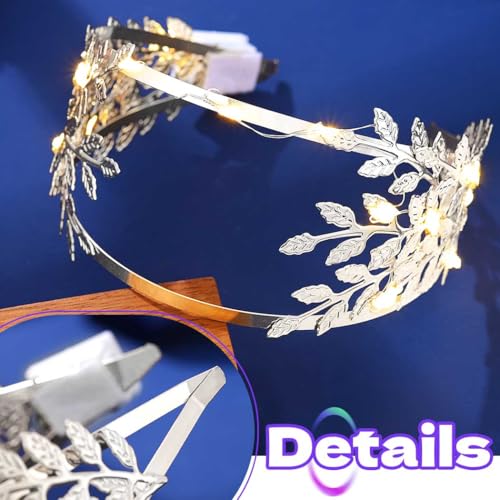 DRESBE Light Up Leaf Headband LED Greek Goddess Headbands Glow Roman Toga Hair Accessories for Women (Silver)