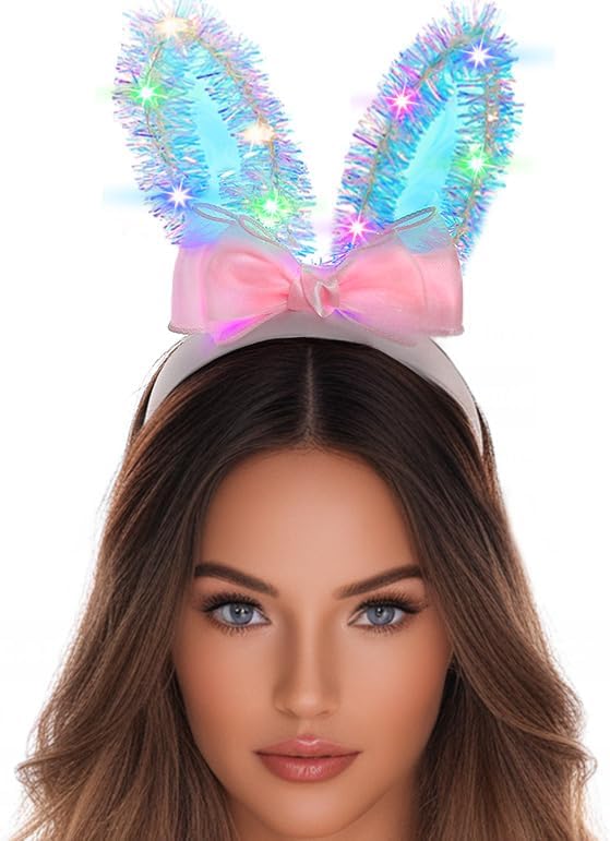 Outyua Light up Bunny Ears Headband Halloween Rabbit Ear Headbands Bow Tinsel Easter Costume Hair Accessory for Women