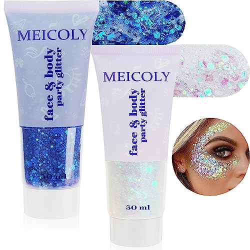 MEICOLY Blue and Clear White Face Body Glitter Set,Mermaid Face Glitter Gel,Singer Concerts Festival Rave Accessories,Spar...