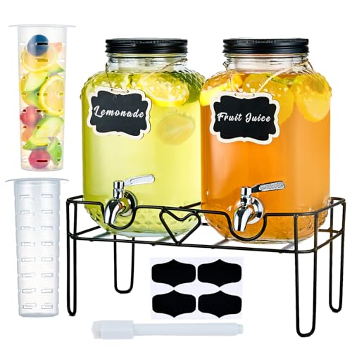 1 Gallon Glass Drink Dispensers for Parties, Beverage Dispenser with Stand and Fruit Infuser, Glass Lemonade Dispenser wit...