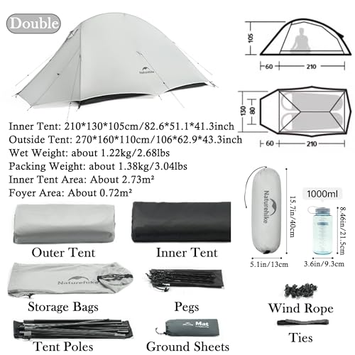 Naturehike 1-2 People Cloud up UL Tent, Rainproof PU1500mm & Windproof Upgrade Ultralight Tents,2.3lbs/2.68lbs, for Cycle ...