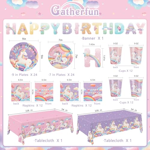 birthday Party Supplies Kit for 24 Guests - for Unicorn Birthday Decorations, Includes Dinner & Dessert Plates, Napkins, C...