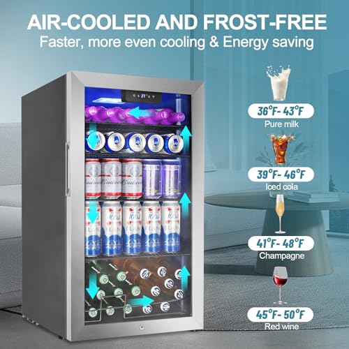 128 Cans Beverage Refrigerator Cooler, 3.2 Cu.Ft Mini Drink Fridge Glass Door for Drink Beer Soda Wine, Beer Fridge with 4...