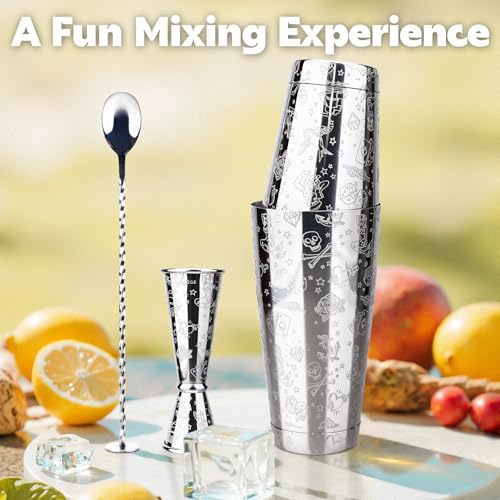 MeowvCraft Boston Cocktail Shaker Set, Bartender Kit 3-Piece with Jigger, Mixing Spoon, Etched Mermaid Design Stainless St...