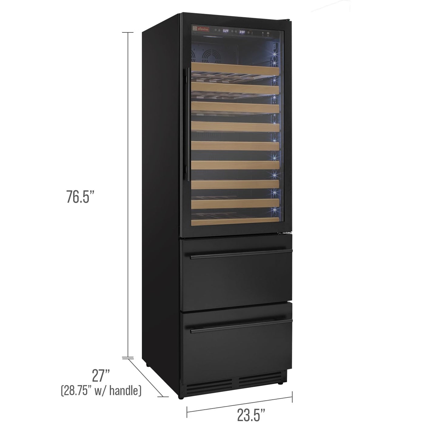 Allavino 76.5" Tall Black Wine Refrigerator with Two Refrigerated Drawers YHWR7724D-B