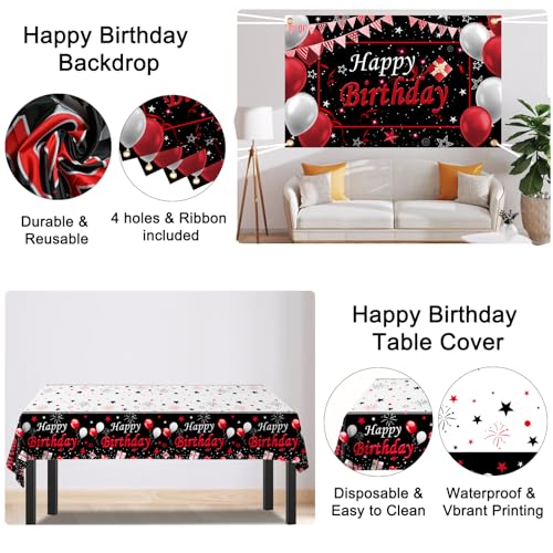 Red Birthday Decorations for Men Women Boys Girls, 75 PCS Red and Black Party Decorations Happy Birthday Backdrop Banner P...