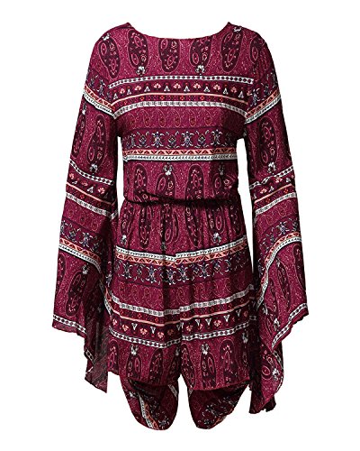 AELSON Women's Boho V Neck Print Romper Playsuit With Long Flare Sleeves