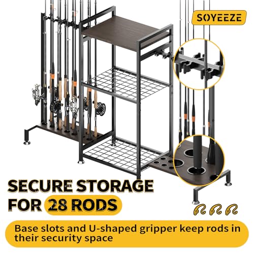 SOYEEZE Fishing Rod Holder for 28 Rods, Ground Stand Fishing Pole Holders for Garage, 3-Sided Vertical Fish Rod Rack for T...
