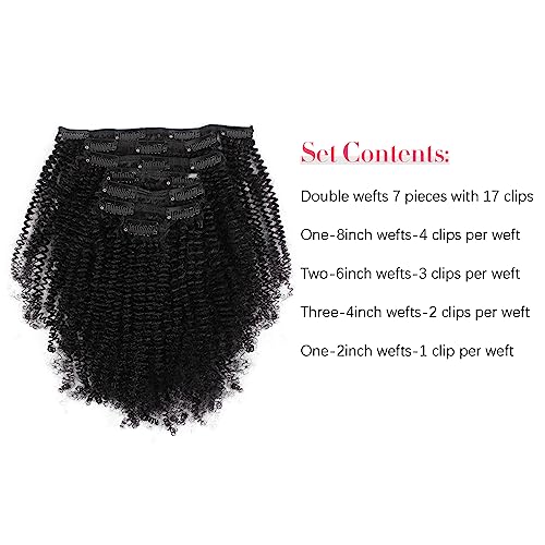 Sassina Remi Human Hair Afro Coily Clip in Extensions 4B 4C Double Wefts For Black Women Natural Color Clip in Hair Extensions 7Pcs per Set With 17 Clips 20 Inch 120 Grams