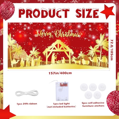Christmas Garage Door Banner Decorations Red Jesus Christmas Garage Door Cover with LED Lights Large Holy Nativity Religio...