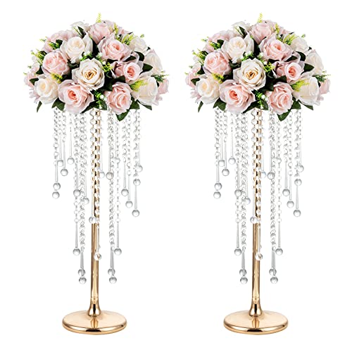 NUPTIO Wedding Centerpieces Gold Vases: 2 Pcs 21.7in Tall Crystal Flower Vase Metal Flowers Stand for Party Tables Decorat...