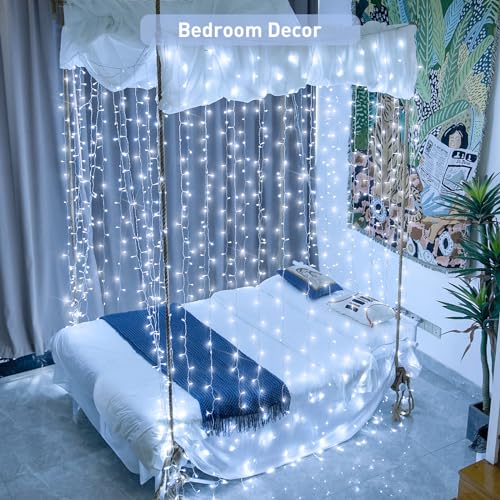 JMEXSUSS 300 LED 9.8x9.8Ft Curtain Lights Indoor with Remote, White Christmas Lights Plug in, 8 Modes White String Lights ...
