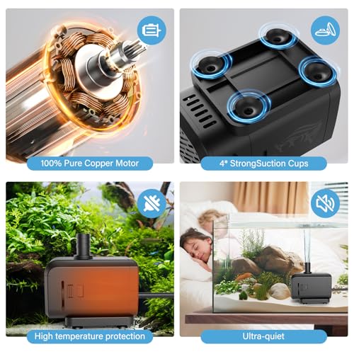 AQQA Submersible Aquarium Water Pump, Fountain Pump with Adjustable Flow,Dual-Suction Side/Bottom Intake,Ultra-Quiet Therm...
