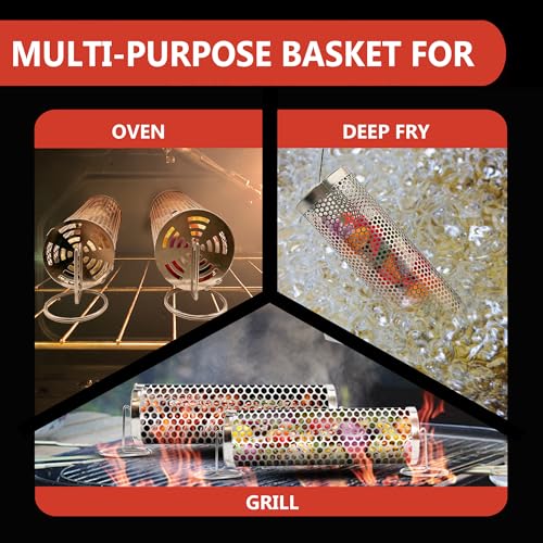 Rolling Grilling Baskets (2 PCS) - 360° Heavy Duty Stainless Steel BBQ Basket, Complete Set for Outdoor Cooking and Party
