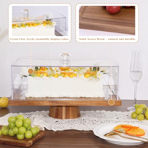 Krbnk 17" Acacia Wood Cake Stand with Lid, 2-in-1 Rectangular Charcuterie Board & Dessert Display, Shatterproof Acrylic Ca...