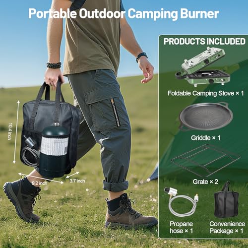 Portable Camping stove, 2 Burner Foldable Camping Stove with Griddle and Carrying Bag & Hose, 8600BTU Portable Propane Cam...