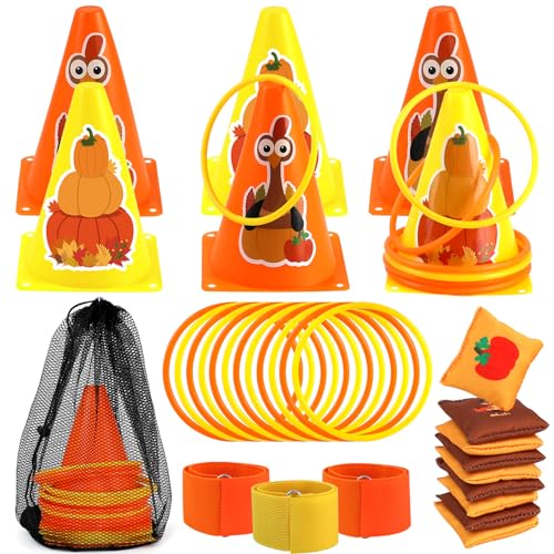 4 in 1 Fall Festival Thanksgiving Party Games with Ring Toss, Plastic Cones, Bean Bags, 3-Legged Race Bands, Thanksgiving ...