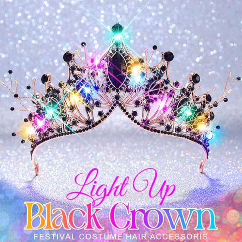 Kilshye Light Up Black Rhinestone Crown LED Gothic Tiara Headband Festival Costume Hair Accessoris for Women