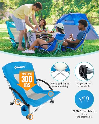 KingCamp Low Beach Chairs, Folding Portable Chair for Adults Lightweight Extra Wide Seat 300lbs Heavy Duty Oversized Backp...