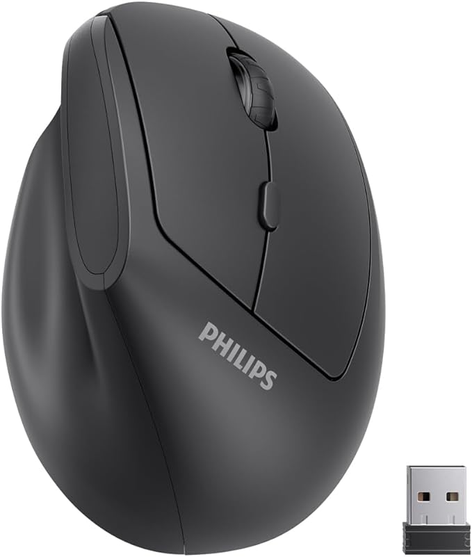 Philips Ergonomic Mouse - Vertical Mouse with 800/1200/1600 Adjustable DPI, 6 Silent Buttons Design for S/M Hands, Auto Po...