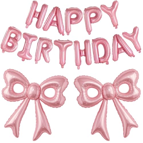 Pink Happy Birthday Balloons, 31”Huge Pink Bow Aluminum Foil Balloons for Girl Woman Birthday, Princess, Coquette Party De...