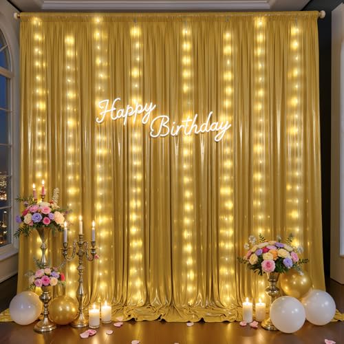 Outpain 10x10ft Gold Sequin Backdrop Curtains with Light -Lighted Up Gold Photo Backdrops with Non-Shedding Glitter, Wrink...