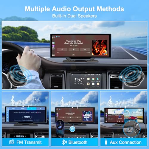 Wireless Carplay Screen for Car 1080p Backup Camera, 10.26" Portable Car Play & Android Auto Touch Screen with 4K Dash Ca...