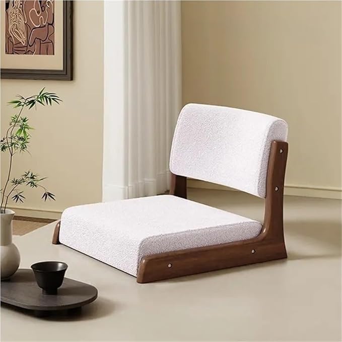 Japanese Style Legless Floor Chair with Back Support, Wooden Tatami Meditation Chair with Cushion, Low Sofa Floor Seat for Living Room, Bedroom, Bay Window(Sherpa 3)