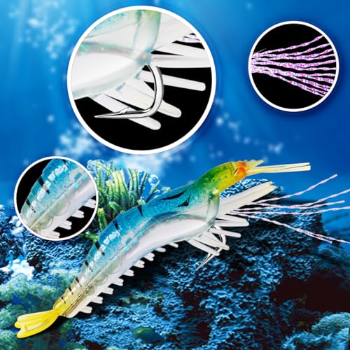 14PCS Saltwater Fishing Lures Shrimp Lures Set with Bait Box, 7 Colors Premium Soft Shrimp Fishing Tackle with Luminous Sh...