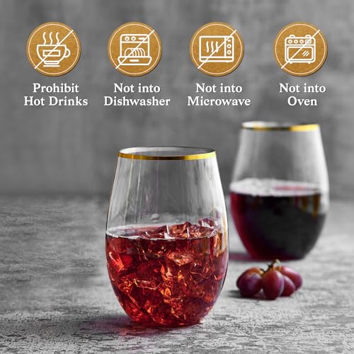 FOCUSLINE 20pcs 16 Oz Plastic Wine Glasses, Stemless Gold Rim, Heavy Duty Disposable Drinking Cups, Reusable Shatterproof ...