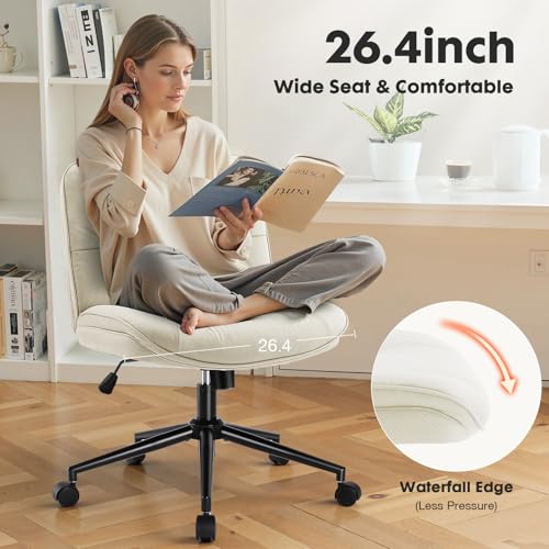 Sweetcrispy Criss Cross Chair with Wheels, Wide Seat PU Leather Armless Office Desk Vanity Chair, Comfortable Adjustable S...
