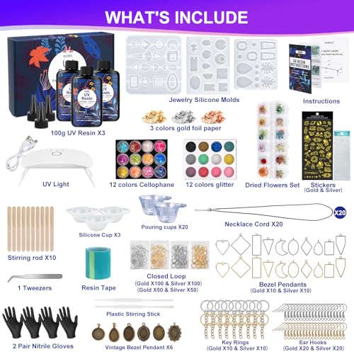 KISREL UV Resin Jewelry Making Kit, 300g Crystal Clear Resin with Light and Molds, DIY Jewelry Making Kit, Resina Starter ...