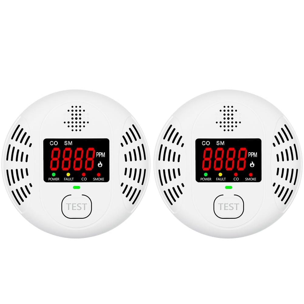 Carbon Monoxide Detector and Smoke Alarm Combined with AA Battery Powered high-Definition Color Screen Detector LCD Digital Display for Home Office Kitchen Hotel Bedroom Voice Alarm 2PACK
