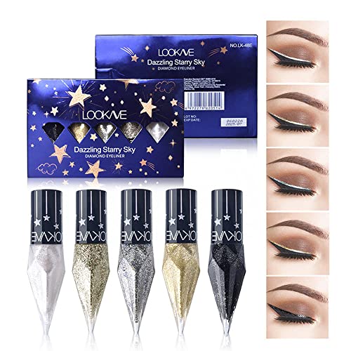 Go Ho Glitter Liquid Eyeliner Colorful Set,5 Colors Metallic Shimmer White Black Silver Gold Diamond Eyeliner,Glitter Eye ...