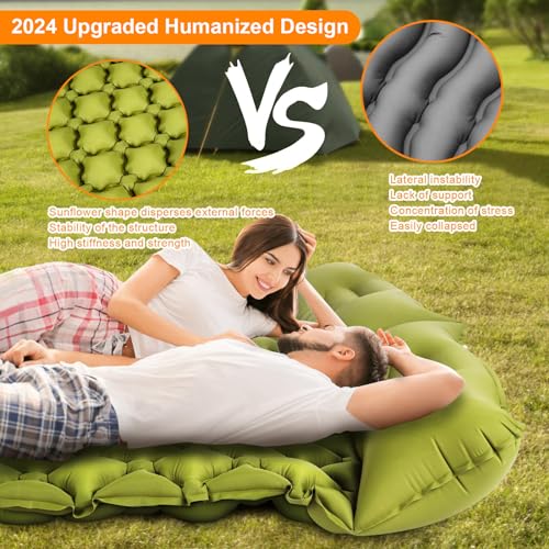 Double Sleeping Pad, Ultralight 4" Extra-Thick Self Inflating Sleeping Mat for 2 Person with Pillow Built-in Foot Pump Por...