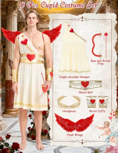 Boveco 6PCS Adult Cupid Costume for Men Valentines Day Cupid Costume with Wings, Bow & Arrow Fun Outfit for Party Cosplay