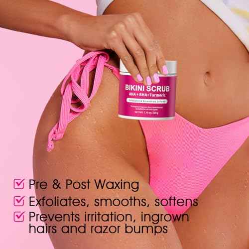 Bikini Area Exfoliator with 10% AHA+BHA & Turmeric, Ingrown Hair & Razor Bumps for Bikini Underarm Area, Skin Moisturizing, Smoothing, Even Skin Tone Exfoliating Body Scrub with Walnut Shell Powder