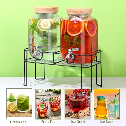 2 Pack 1 Gallon Glass Drink Dispenser with Bamboo Lid, Beverage Dispenser with Stand, Drink Machine for Lemonade, Iced Dri...